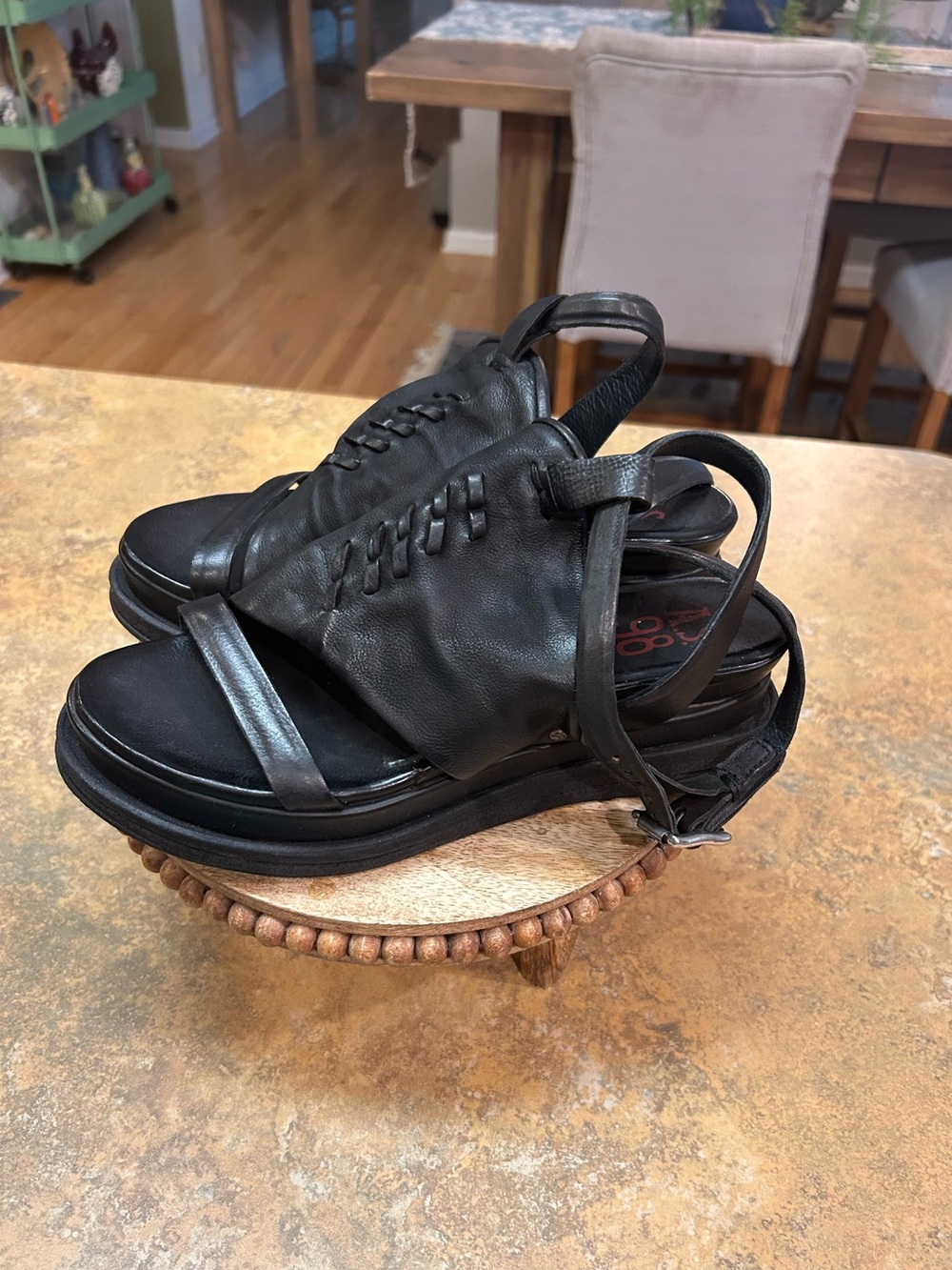A.S.98 Black Leather Platform Sandal with Ankle Buckle - Picture 4 of 14